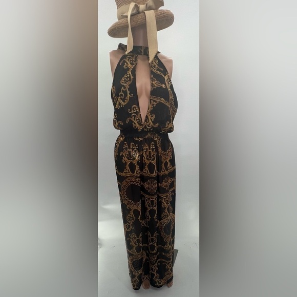 Boohoo Plus Size Black & Tan Jasmin Chain Print Halterneck Maxi Dress NWT - Picture 1 of 8